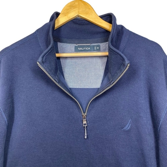 Nautica Men XXL Quarter Zip Pullover Navy Blue 100% Cotton Mock Neck Long Sleeve - Picture 3 of 10